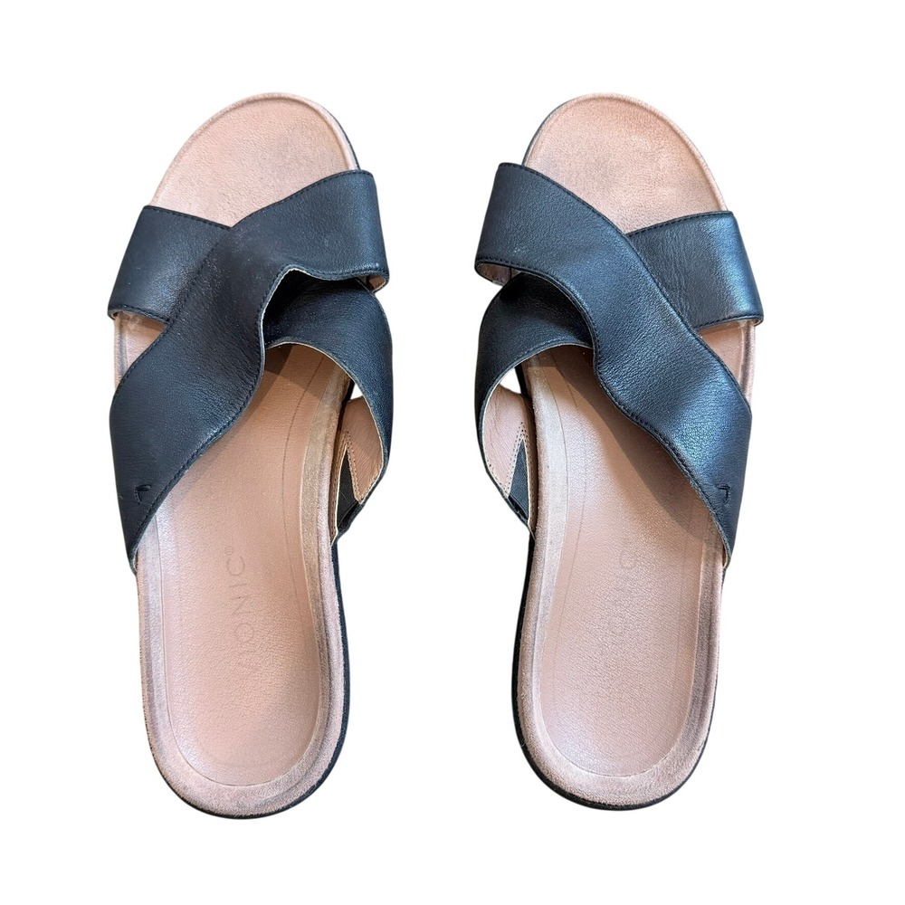 Vionic Kayden Slide Sandals‎ Womens 11 Black Leather Orthotic Crossover Wedge